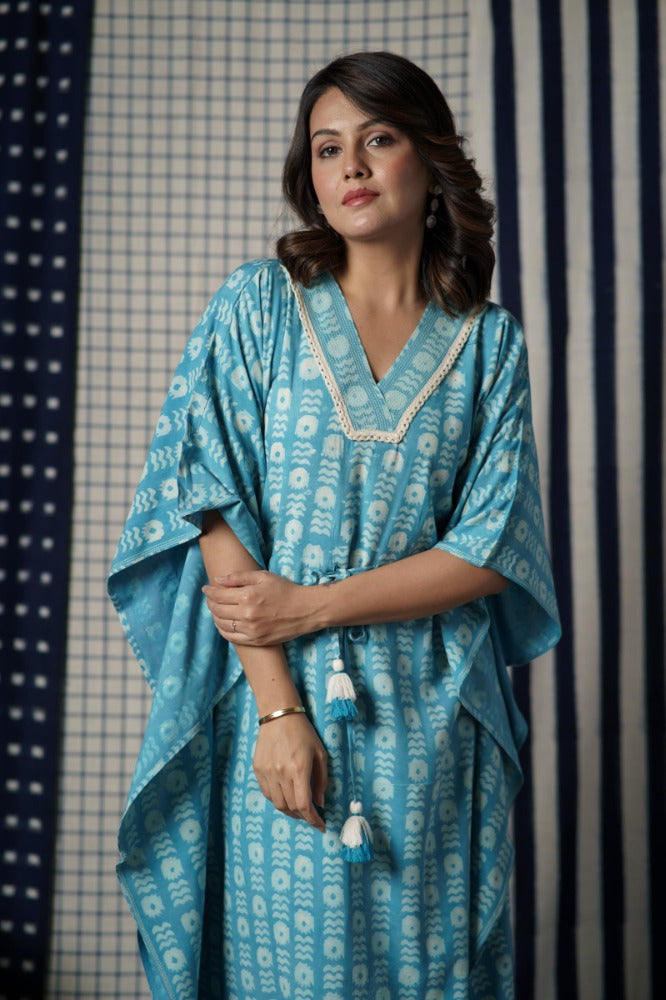 Blue Block Printed Ecovera Kaftan-NVK502