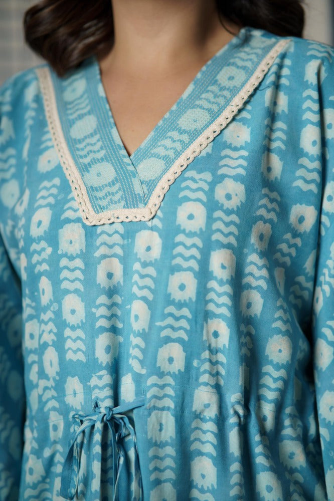 Blue Block Printed Ecovera Kaftan-NVK502