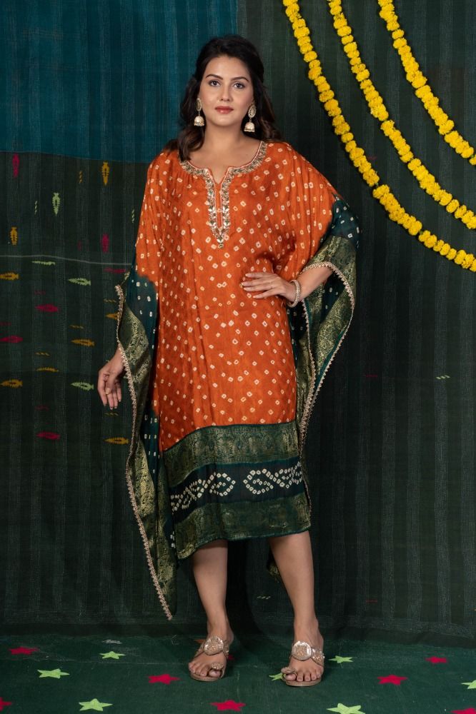 ORANGE GREEN BANDHEJ ZARI KAFTAN-NVK509