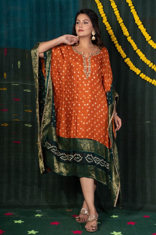 ORANGE GREEN BANDHEJ ZARI KAFTAN-NVK509