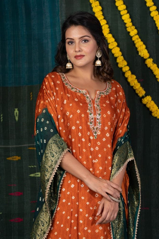 ORANGE GREEN BANDHEJ ZARI KAFTAN-NVK509