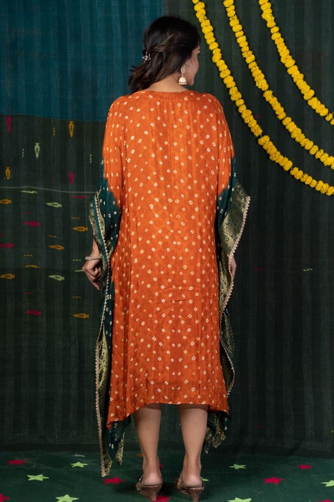 ORANGE GREEN BANDHEJ ZARI KAFTAN-NVK509