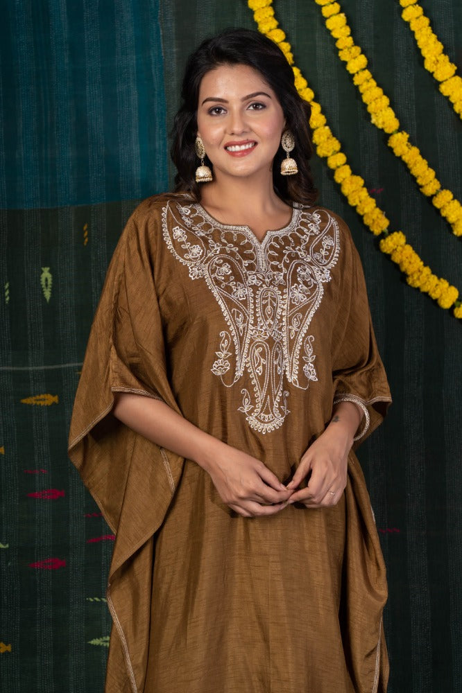 BROWN EMBROIDERED KAFTAN-NVK511