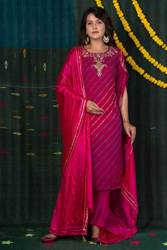 PINK LEHARIYA KURTA DUPATTA SET-NVKS601