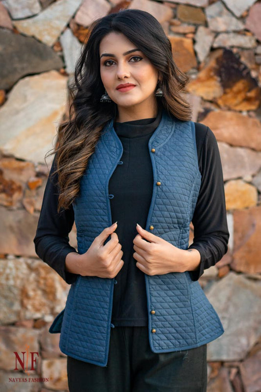 Blue Reversible Cotton Quilted Bundi Jacket- NVQJ213