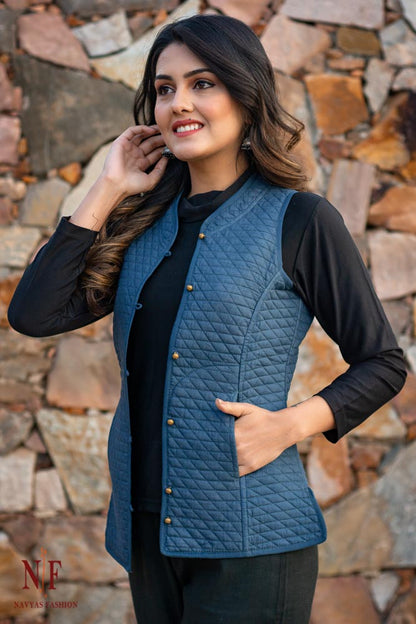 Blue Reversible Cotton Quilted Bundi Jacket- NVQJ213