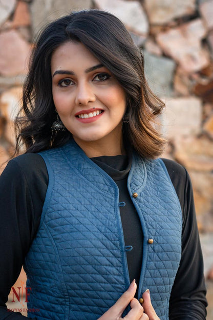 Blue Reversible Cotton Quilted Bundi Jacket- NVQJ213