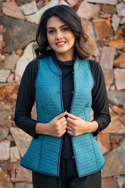 Blue Reversible Cotton Quilted Bundi Jacket- NVQJ213