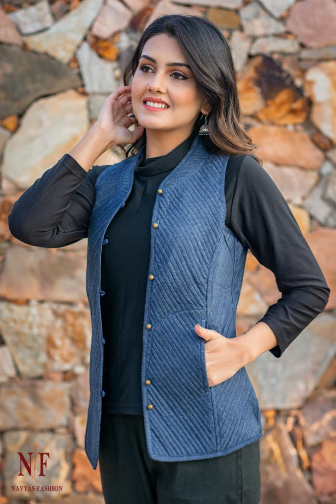 Denim Blue Reversible Cotton Quilted Short Jacket- NVQJ215