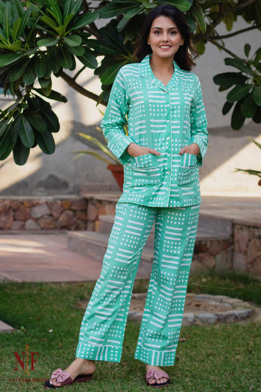 SPRING GREEN BLOCK PRINT COTTON NIGHT SUIT-NS64