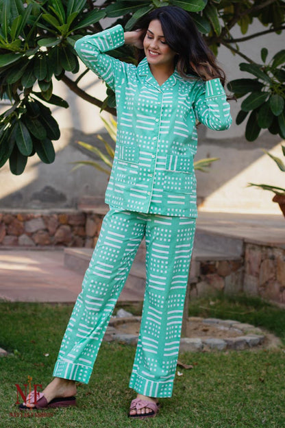 SPRING GREEN BLOCK PRINT COTTON NIGHT SUIT-NS64
