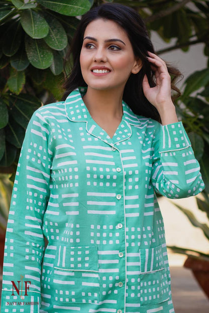 SPRING GREEN BLOCK PRINT COTTON NIGHT SUIT-NS64
