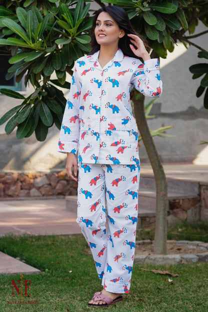 PINK BLUE ELEPHANT HAND BLOCK PRINT NIGHT SUIT-NS84