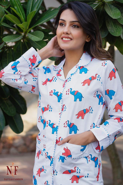PINK BLUE ELEPHANT HAND BLOCK PRINT NIGHT SUIT-NS84