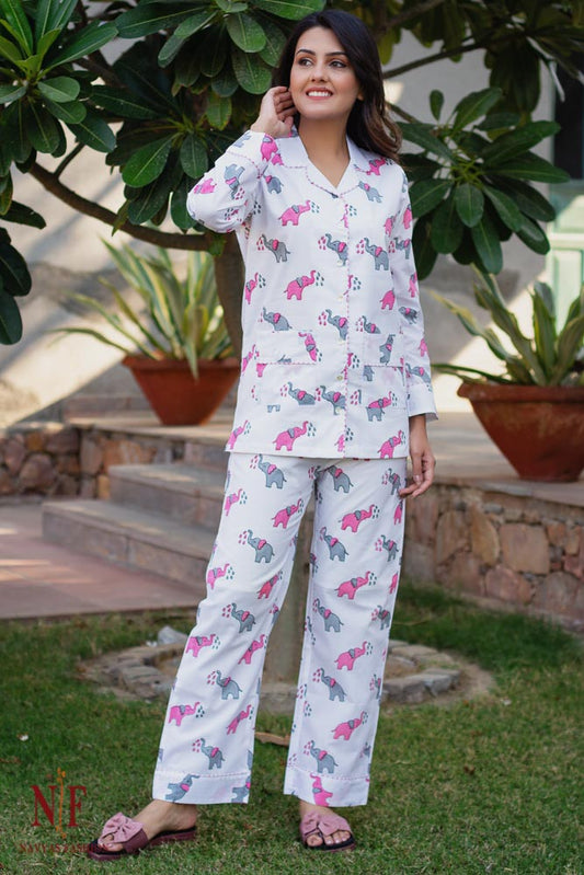GREY ELEPHANT HAND BLOCK PRINT COTTON NIGHT SUIT-NS83