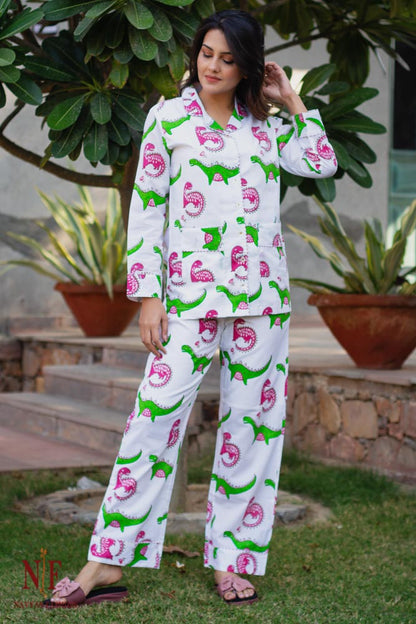DINOSAUR HAND BLOCK PRINT COTTON NIGHT SUIT-NS77