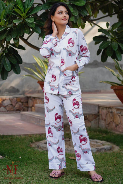 DINOSAUR HAND BLOCK PRINT COTTON NIGHT SUIT-NS78