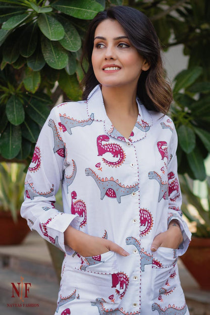 DINOSAUR HAND BLOCK PRINT COTTON NIGHT SUIT-NS78