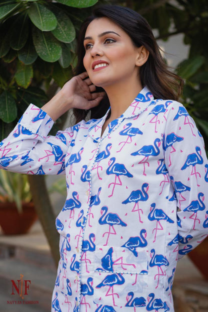 BLUE FLAMINGO HAND BLOCK PRINT COTTON NIGHT SUIT-NS81