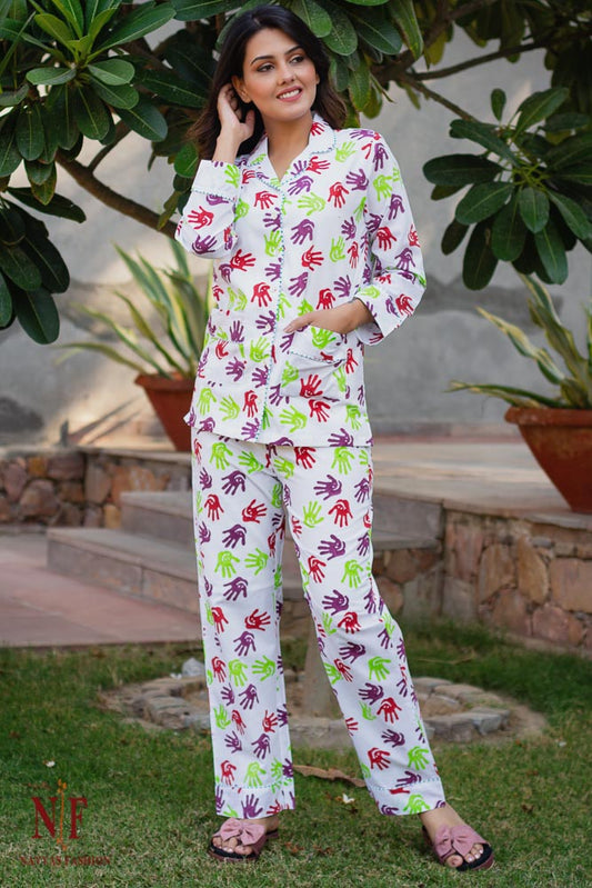 MULTICOLOR HAND BLOCK PRINT COTTON NIGHT SUIT-NS76