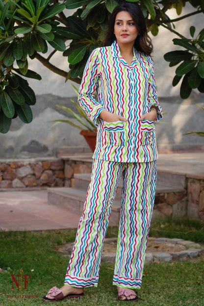 COLORFUL WAVES  HAND BLOCK PRINT COTTON NIGHT SUIT-NS80