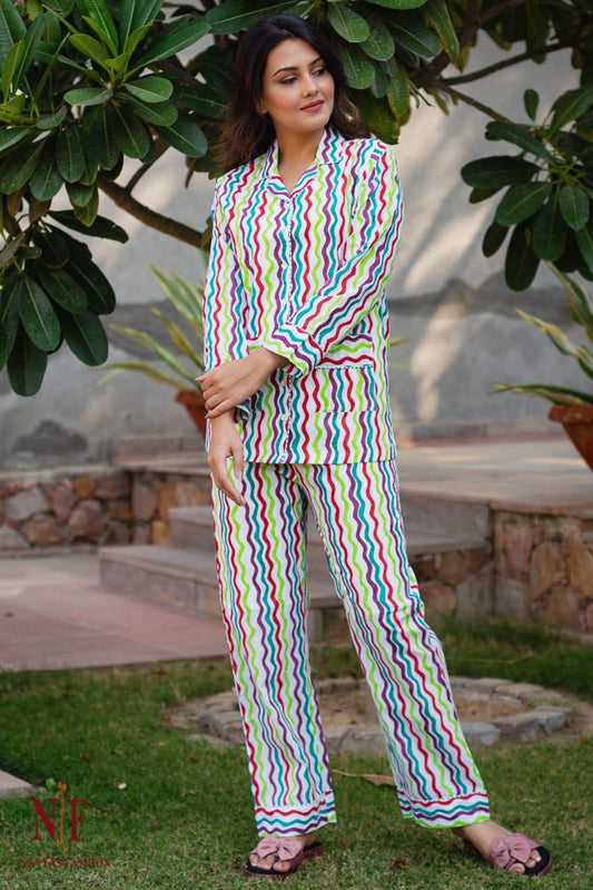 COLORFUL WAVES  HAND BLOCK PRINT COTTON NIGHT SUIT-NS80