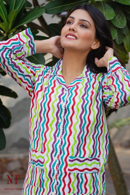 COLORFUL WAVES  HAND BLOCK PRINT COTTON NIGHT SUIT-NS80
