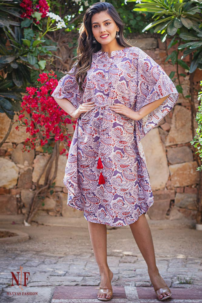 LAVENDER PAISLEY COTTON KAFTAN DRESS-NVK143