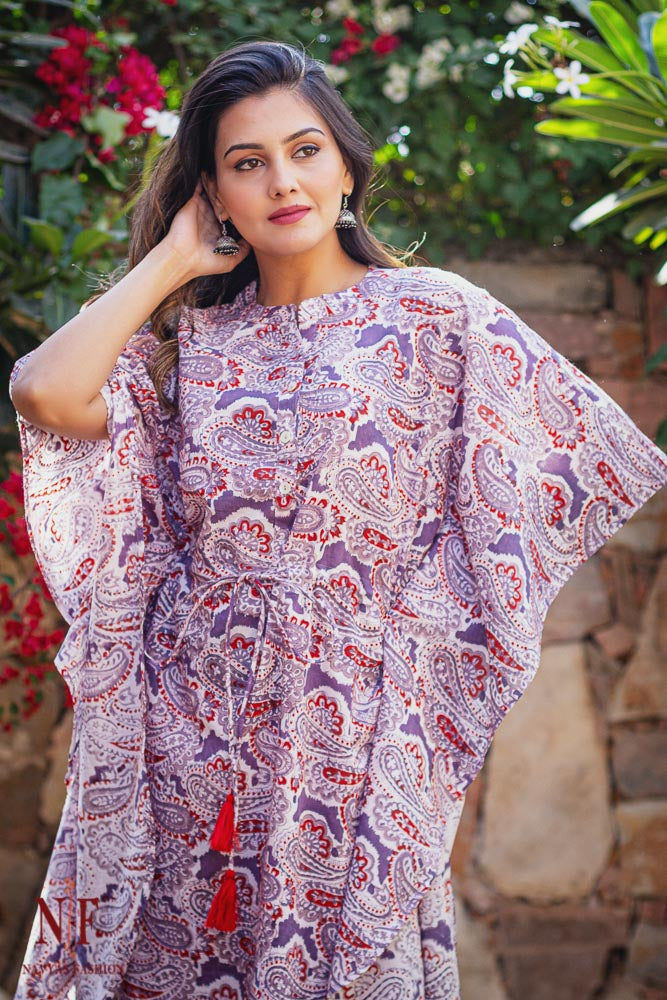 LAVENDER PAISLEY COTTON KAFTAN DRESS-NVK143