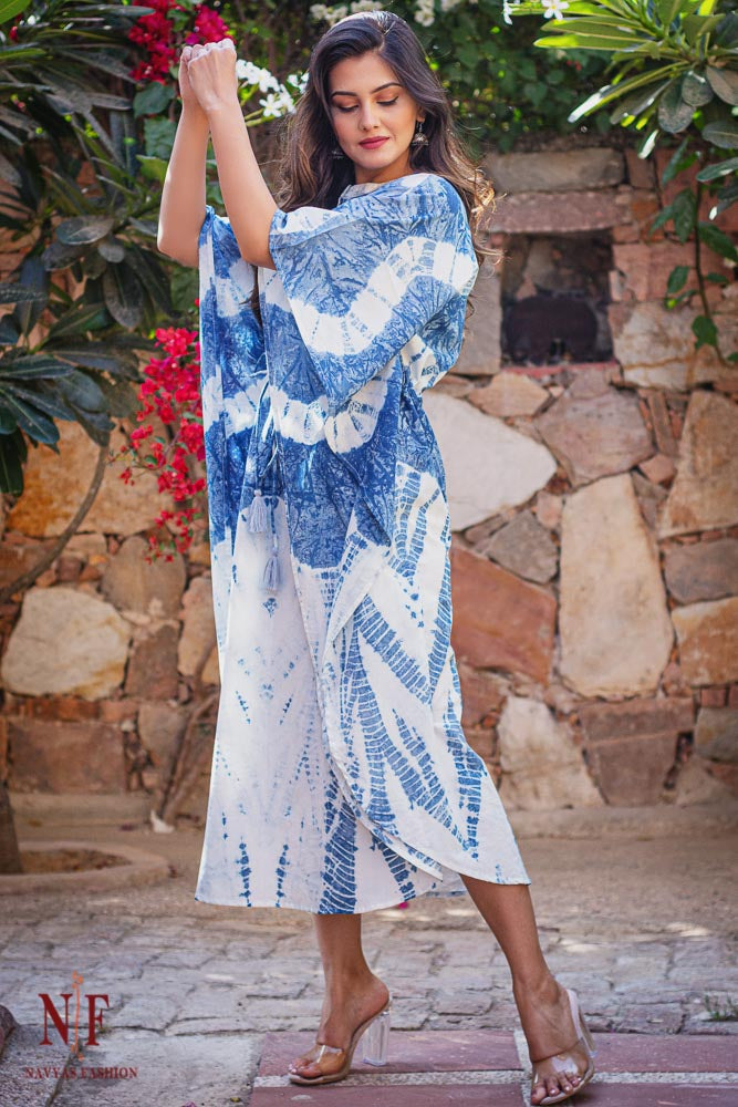 BLUE SHIBORI COTTON KAFTAN DRESS-NVK141