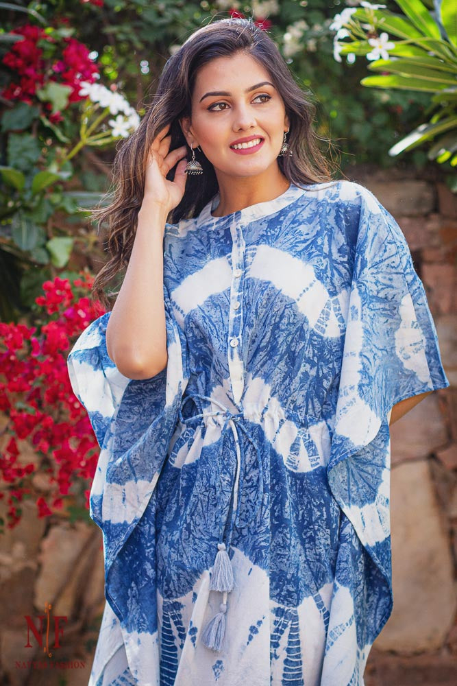 BLUE SHIBORI COTTON KAFTAN DRESS-NVK141