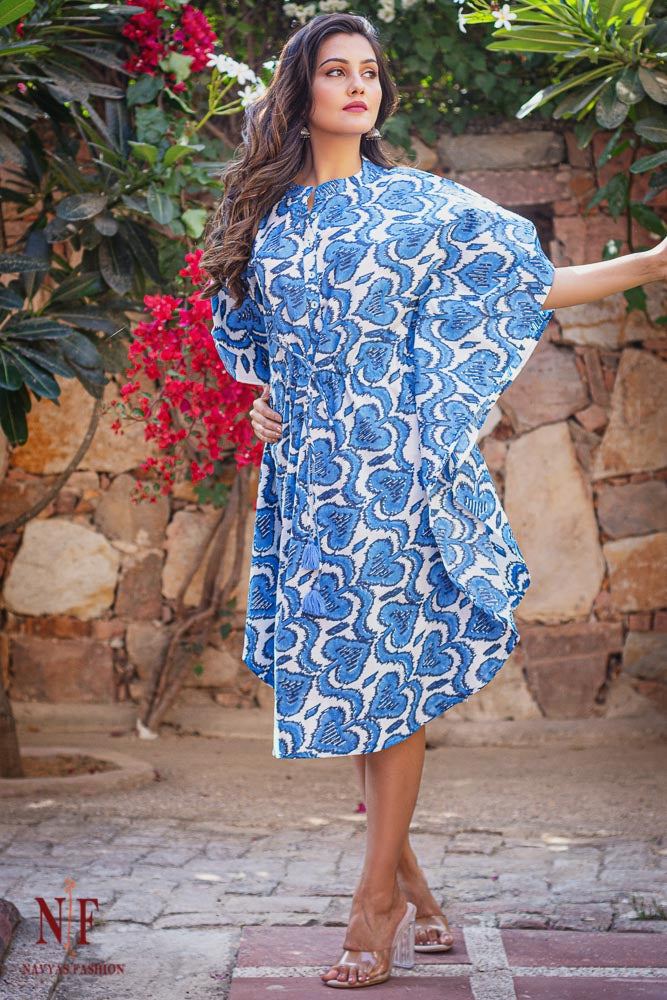 BLUE BLOCK PRINTED COTTON KAFTAN DRESS-NVK145