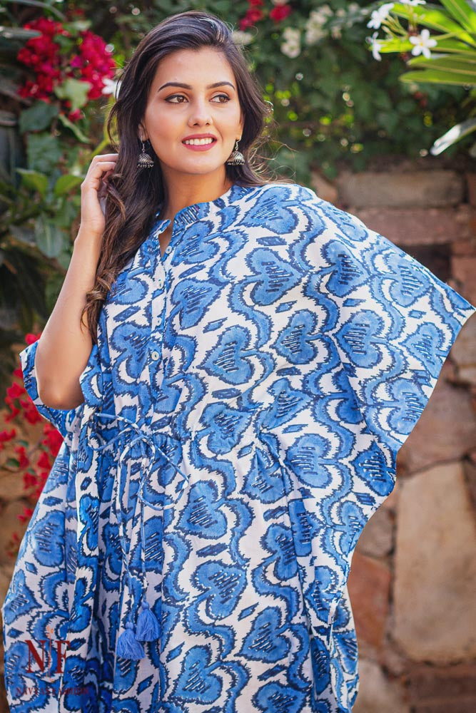 BLUE BLOCK PRINTED COTTON KAFTAN DRESS-NVK145