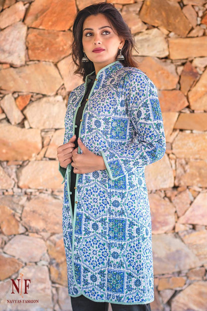 Blue Block Printed Reversible Cotton Quilted Coat- NVQJ206