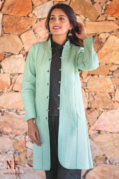 Blue Block Printed Reversible Cotton Quilted Coat- NVQJ206