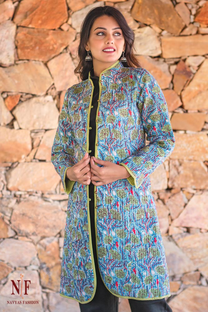Blue Floral Block Printed Reversible Cotton Quilted Coat- NVQJ210 SALE
