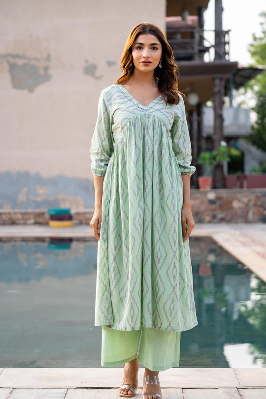 GREEN PRINTED KANTHA 2 PIECE SET-NVKS670