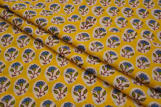 YELLOW BLUE BLOCK PRINTED COTTON FABRIC-HF4983