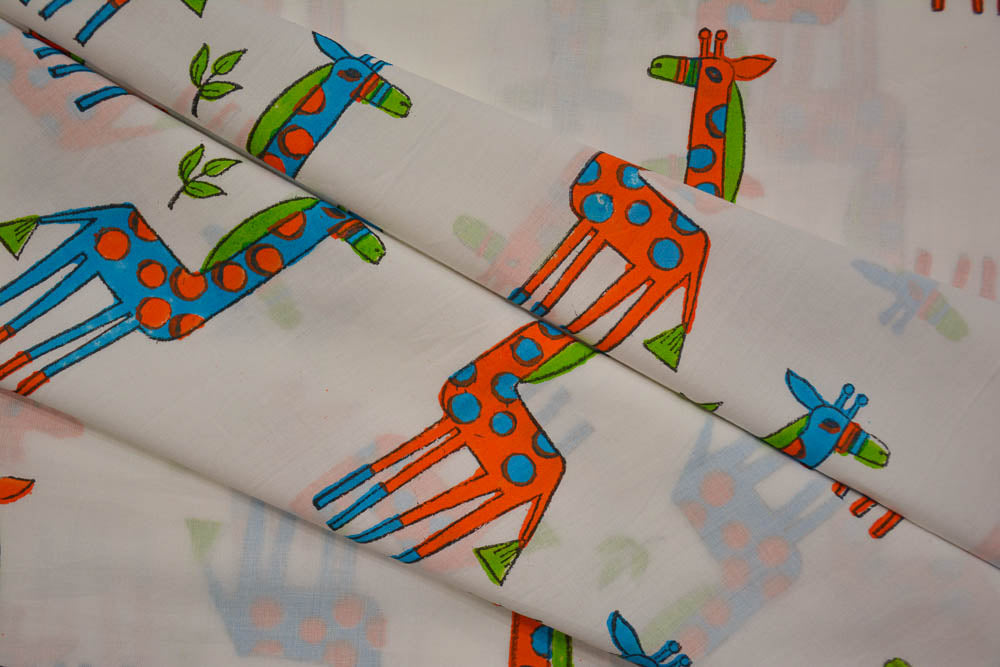 BLUE ORANGE GIRAFFE BLOCK PRINTED COTTON FABRIC-HF5018