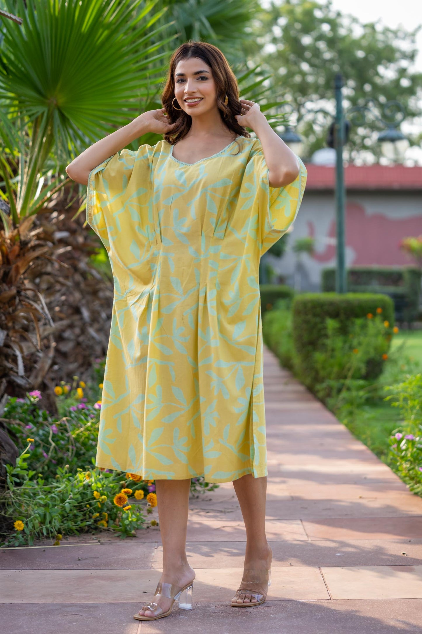 CELERY GREEN BLOCK PRINTED KAFTAN-NVK420