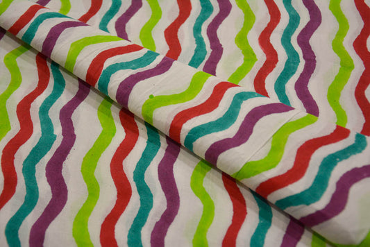 MULTICOLOR WAVES BLOCK PRINTED COTTON FABRIC-HF5007