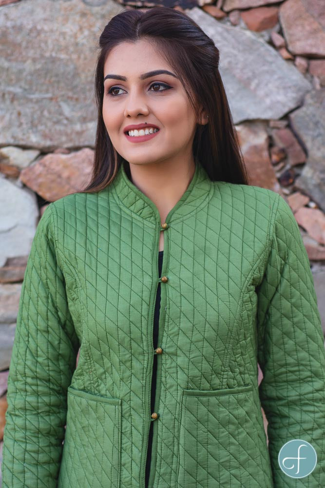 Green Brown Bundi Cotton Quilted Jacket- NVQJ236