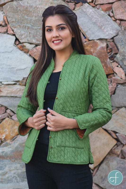 Green Brown Bundi Cotton Quilted Jacket- NVQJ236