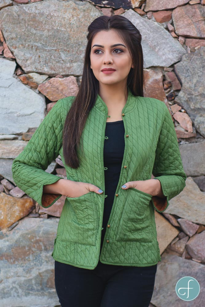 Green Brown Bundi Cotton Quilted Jacket- NVQJ236