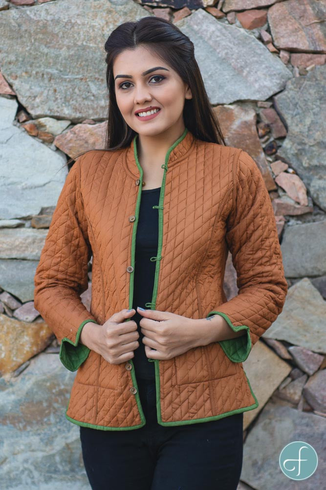 Green Brown Bundi Cotton Quilted Jacket- NVQJ236