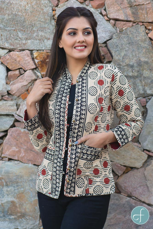 Bagru Block Printed Reversible Cotton Quilted Jacket- NVQJ232