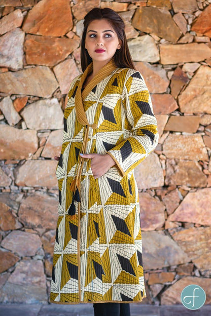 Bagru Mustard Block Printed Quilted Bukhara Coat-NVQJ264