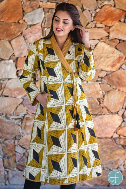 Bagru Mustard Block Printed Quilted Bukhara Coat-NVQJ264