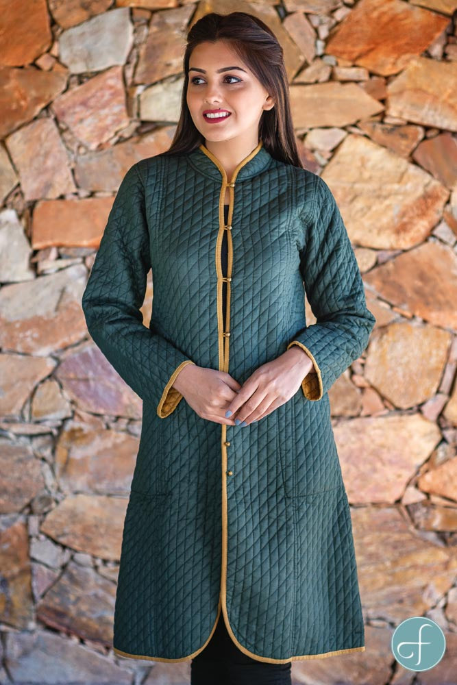 Khakhi Green and Mustard Reversible Cotton Bundi Quilted Coat- NVQJ263