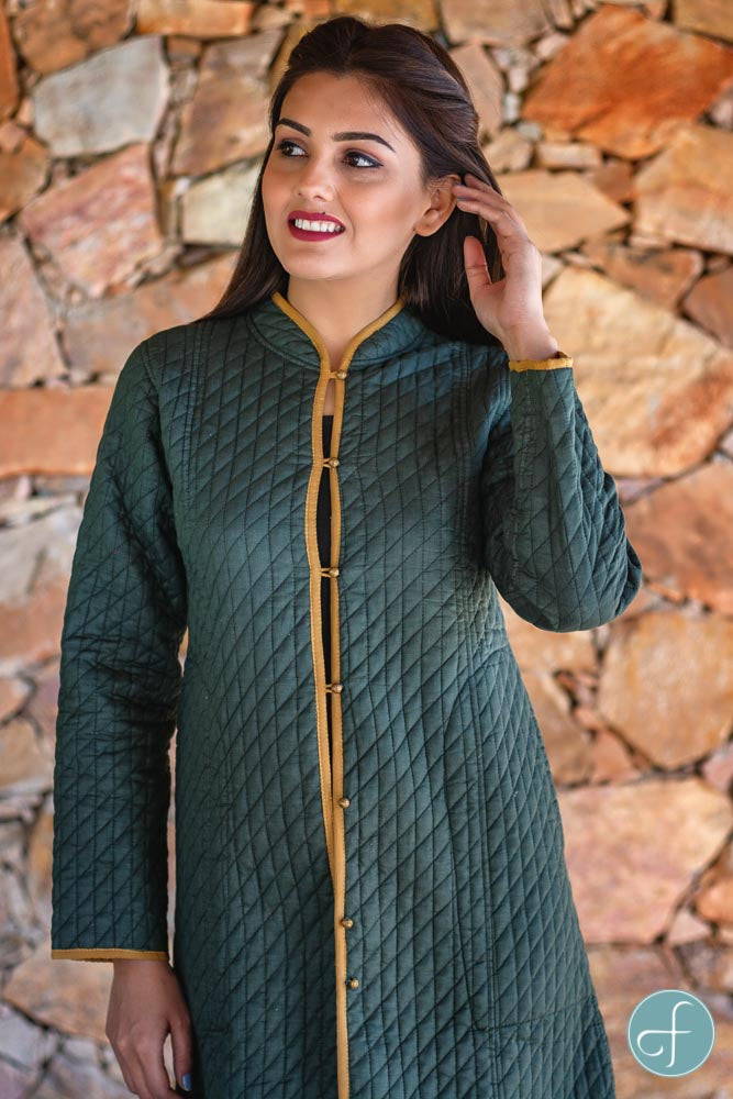 Khakhi Green and Mustard Reversible Cotton Bundi Quilted Coat- NVQJ263